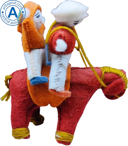 Zhibek Zholy donkey with humans made of felt, orange photo 3 Zhibek Zholy donkey with humans made of felt, orange photo 3