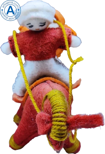 Zhibek Zholy donkey with humans made of felt, orange photo 2 Zhibek Zholy donkey with humans made of felt, orange photo 2