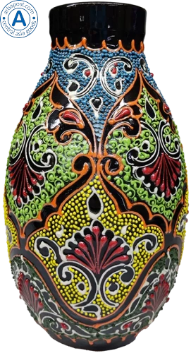 Altyn Adam jug made of ceramic, red-blue-yellow Altyn Adam jug made of ceramic, red-blue-yellow