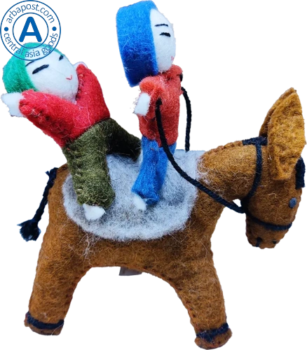 Zhibek Zholy donkey with humans made of felt, brown Zhibek Zholy donkey with humans made of felt, brown