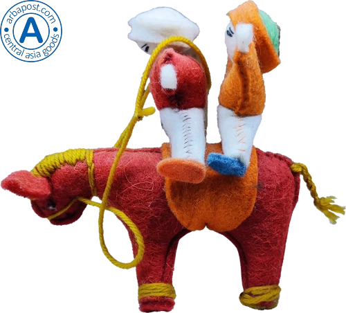 Zhibek Zholy donkey with humans made of felt, orange Zhibek Zholy donkey with humans made of felt, orange